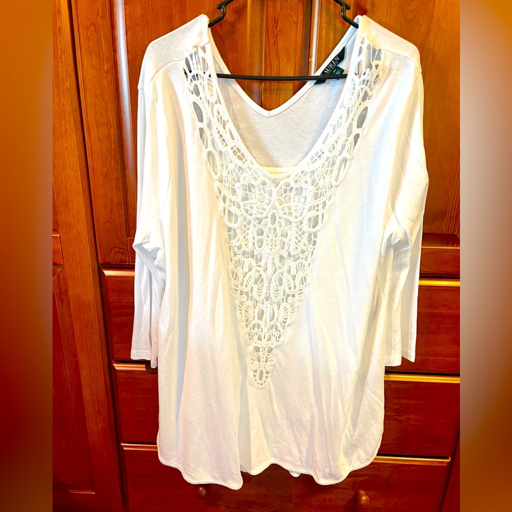 Lauren by Ralph Lauren white cotton top with lace detail